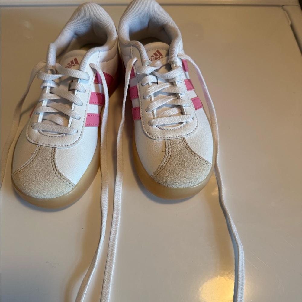 Adidas White Sneakers with Pink Logo